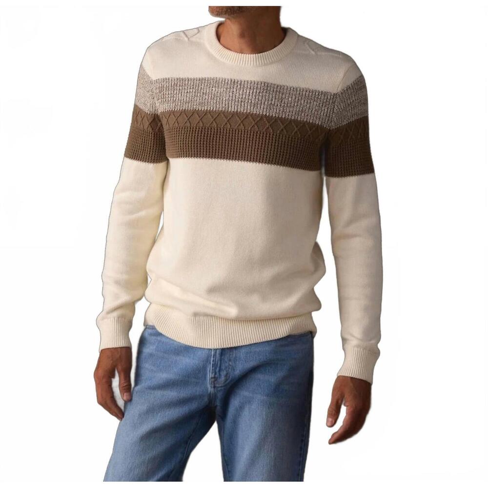 NEW THE NORMAL BRAND tom stripe crew sweater in cream/jute
